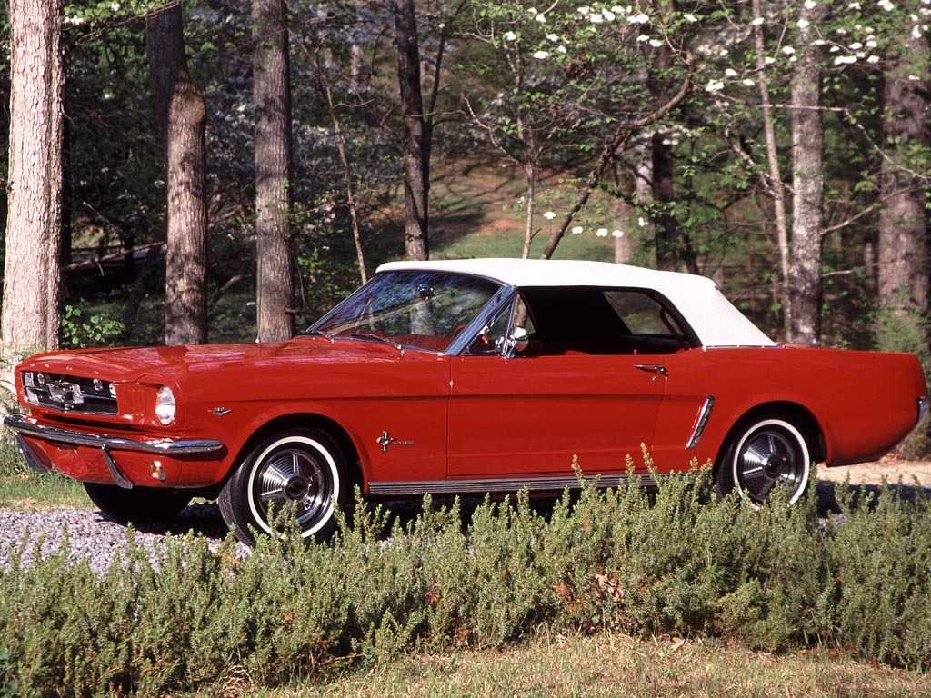 Mustang convertible rouge vu de côté dans un sous-bois
